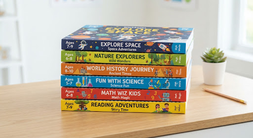 Stack of colourful children's educational workbooks in a bright studio setting