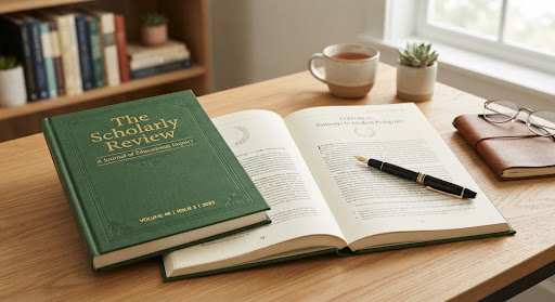 Forest green educational journal lying open on a wooden table with a fountain pen