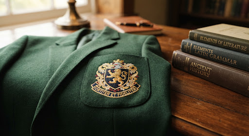 Forest green school blazer with embroidered crest resting on a wooden desk beside academic textbooks