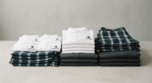 Neatly folded collection of school uniforms: polo shirts, pleated skirts and trousers