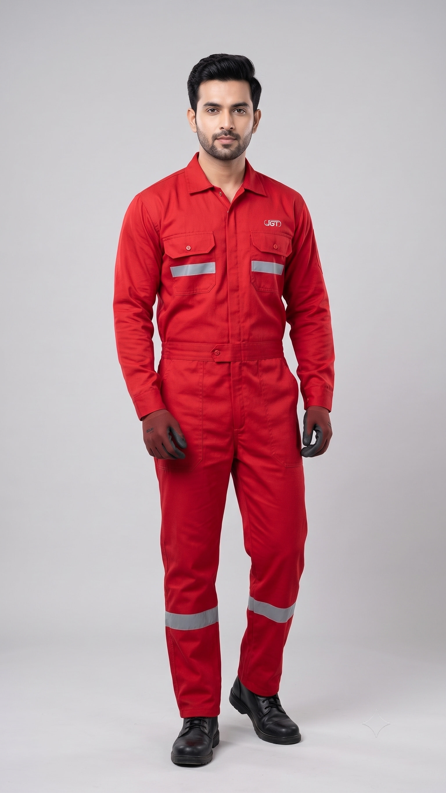Red heavyweight coverall with reflective banding at the arm and shin, bar-tacked at every stress point.
