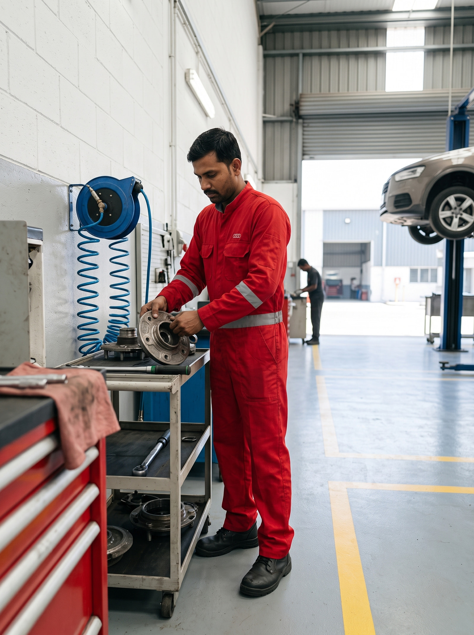 Red coverall with grey reflective banding at chest and forearm, at the parts trolley.