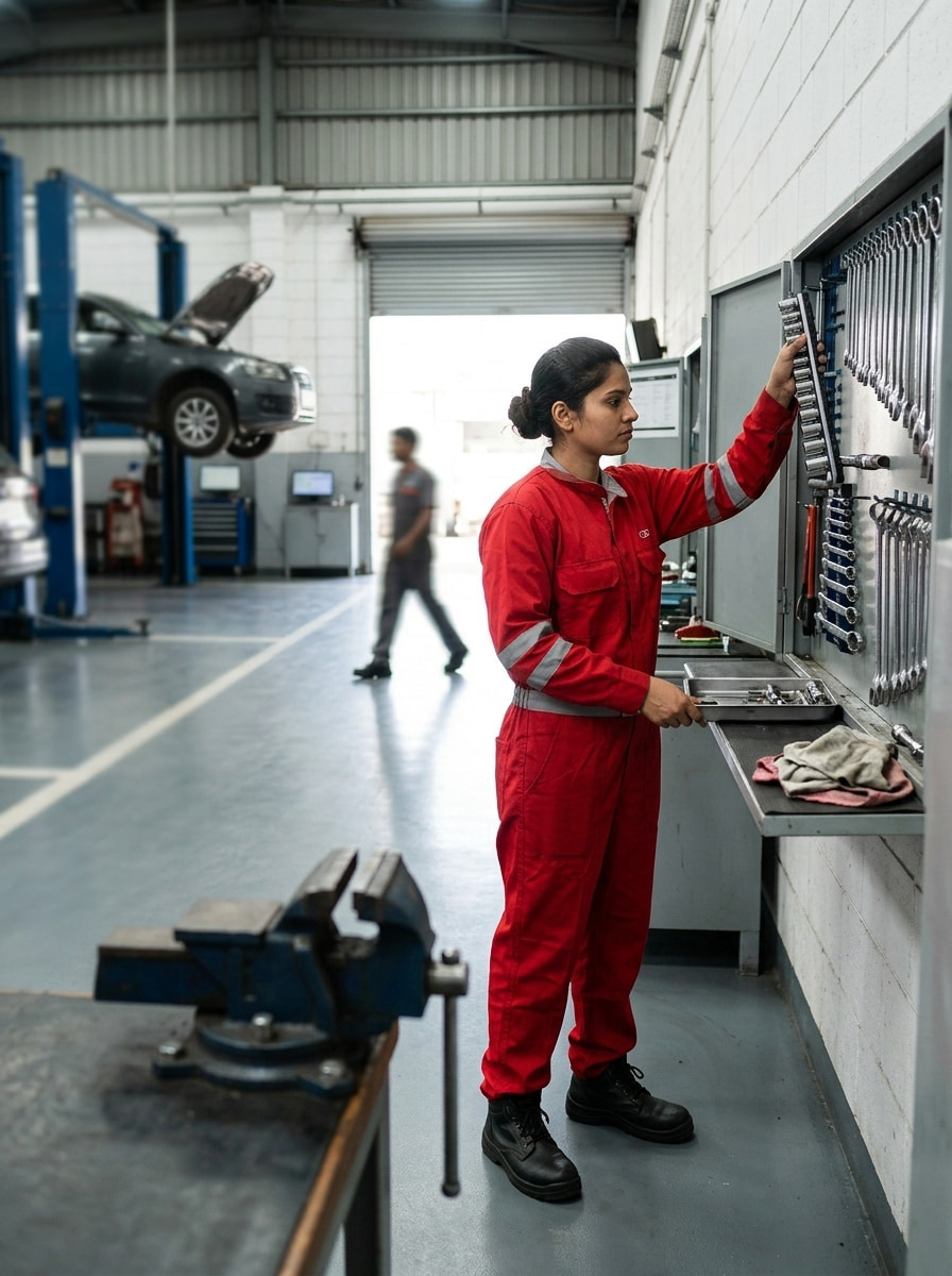 The same coverall cut for the women's fit, at the tool wall.