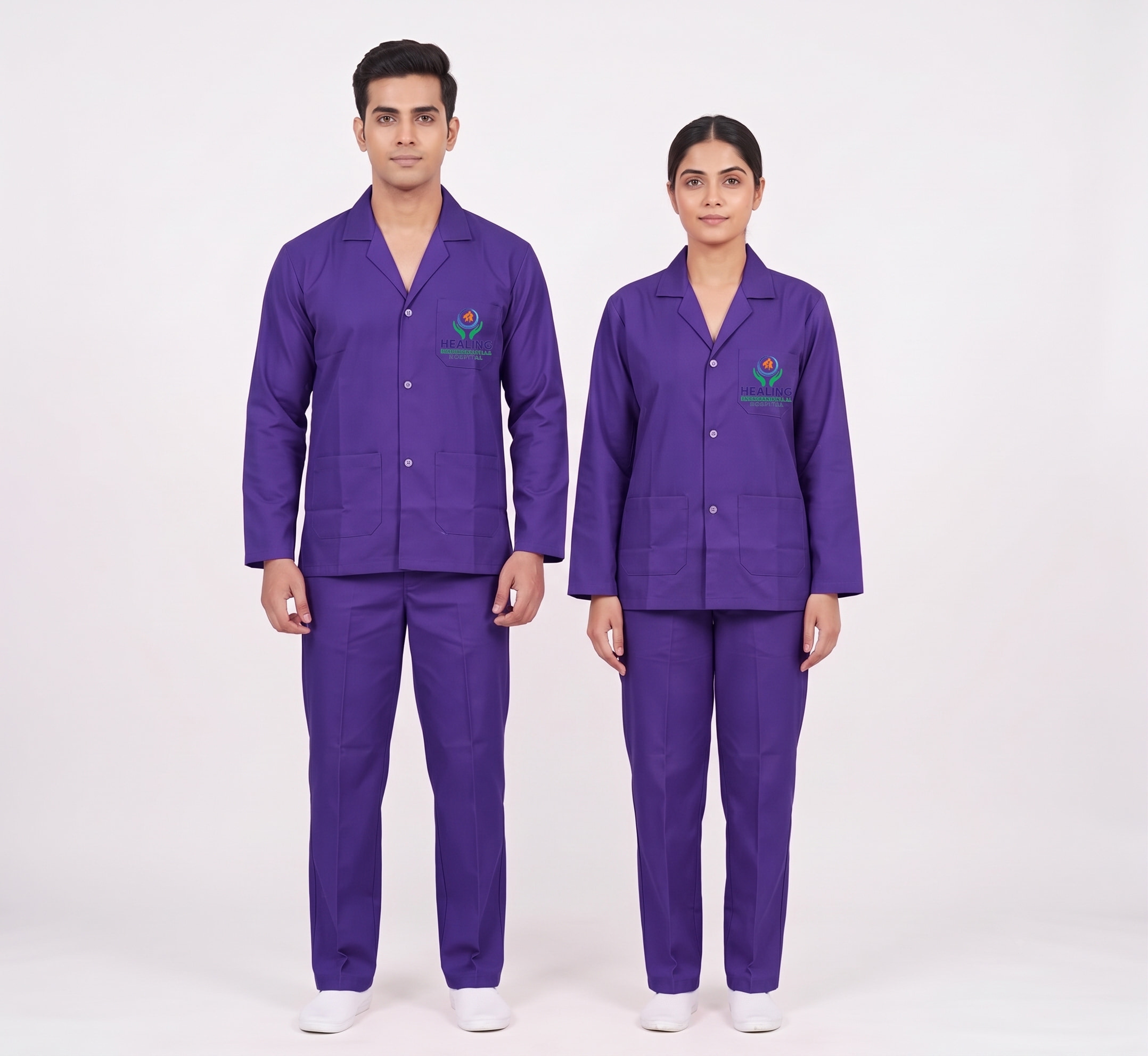 Purple scrub sets in cotton, notch collar and patch pockets, sized for both fits from one block.