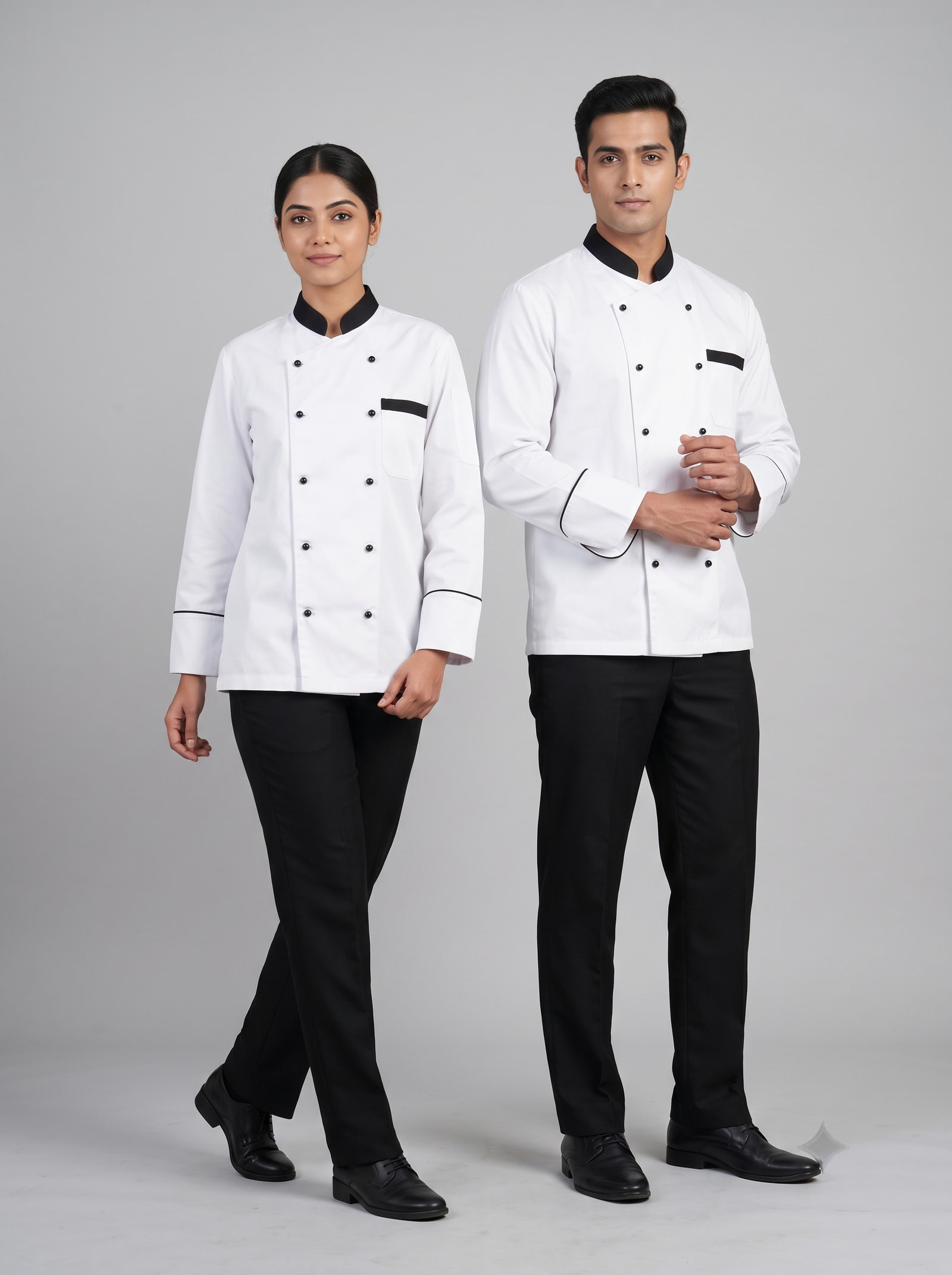 Double-breasted chef coat in heavy white cotton-and-polyester cloth, black mandarin collar and piping, over black trousers. Drafted to the female and male blocks separately.