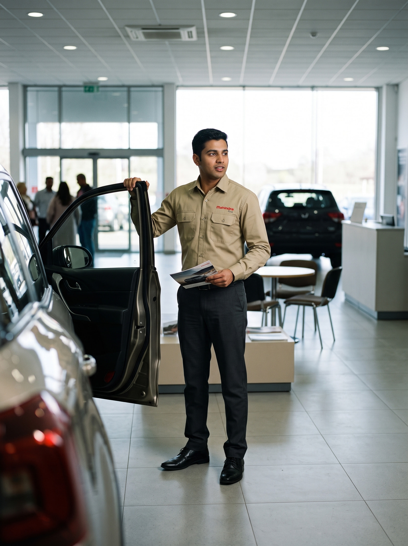 Khaki cloth with buttoned chest pockets over charcoal trousers, at the car door.