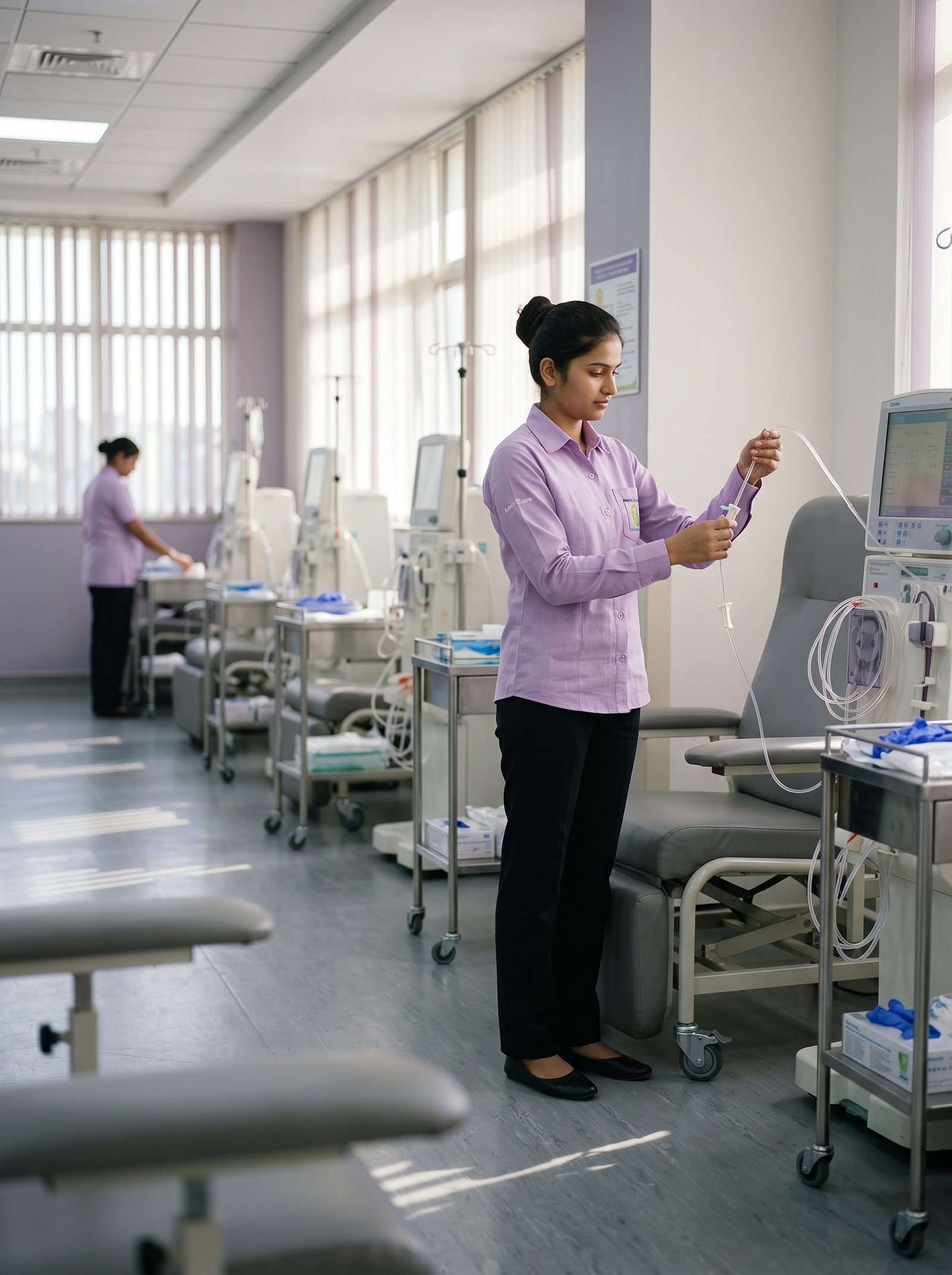 Lilac shirting over black trousers, setting a line on the dialysis floor.