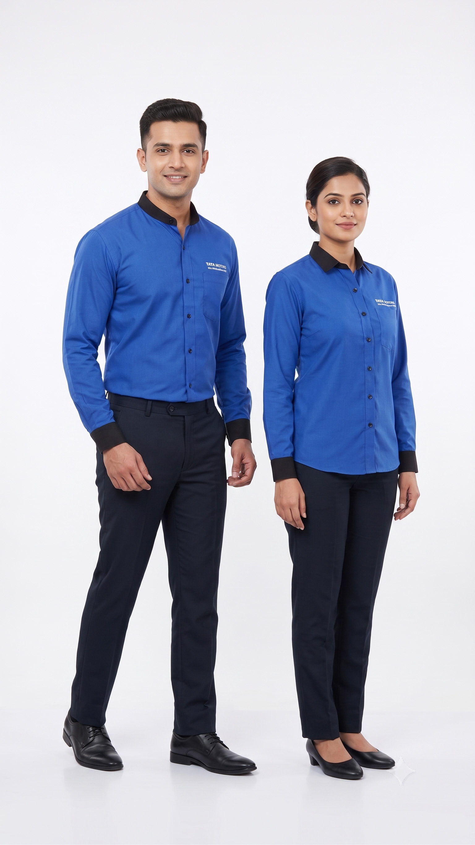 Royal blue cotton shirting with a black contrast mandarin collar and cuff, over navy formal trousers. Logo embroidered at the chest.
