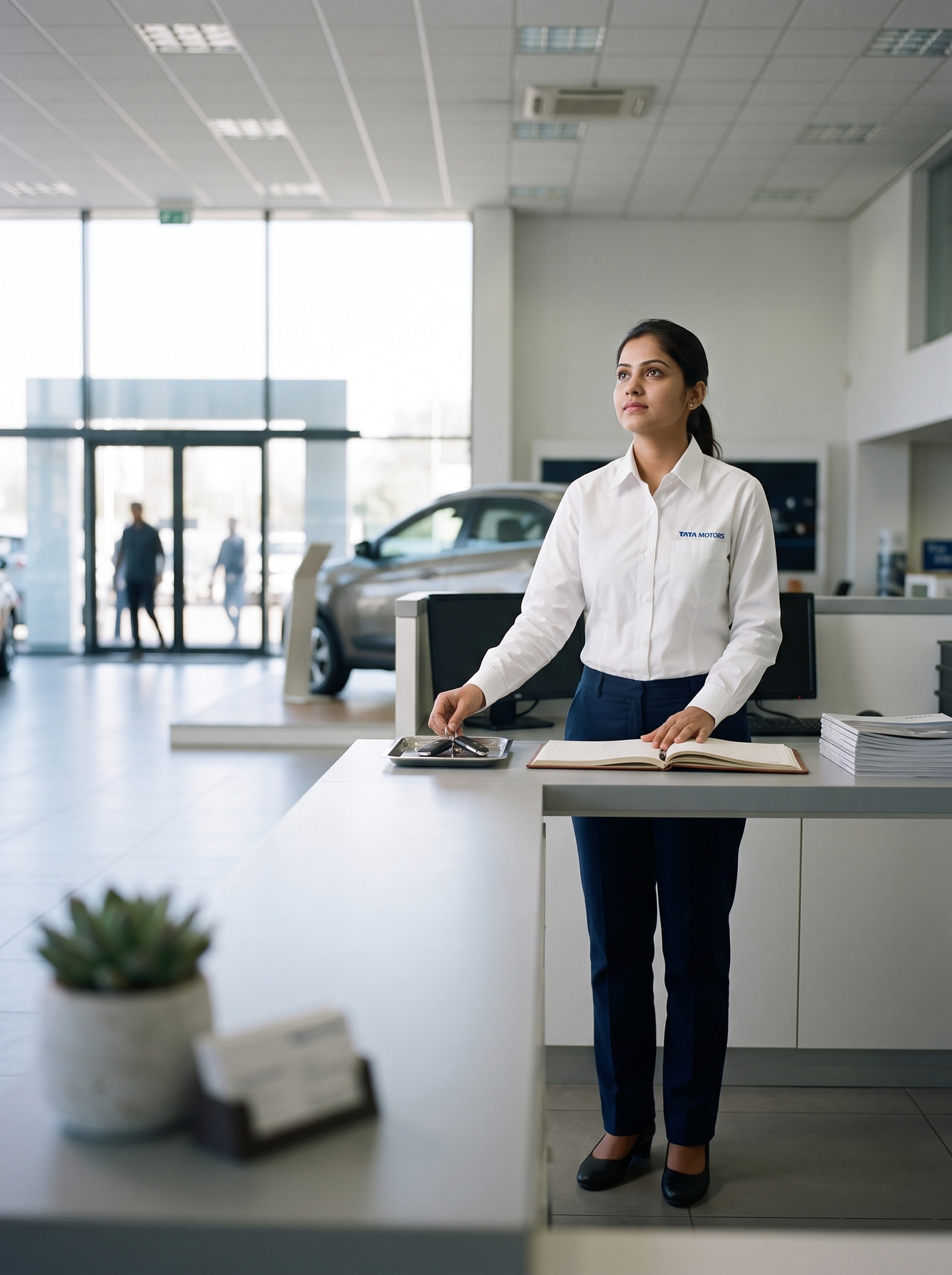 White cotton-and-polyester shirting over navy trousers, at the showroom reception desk.