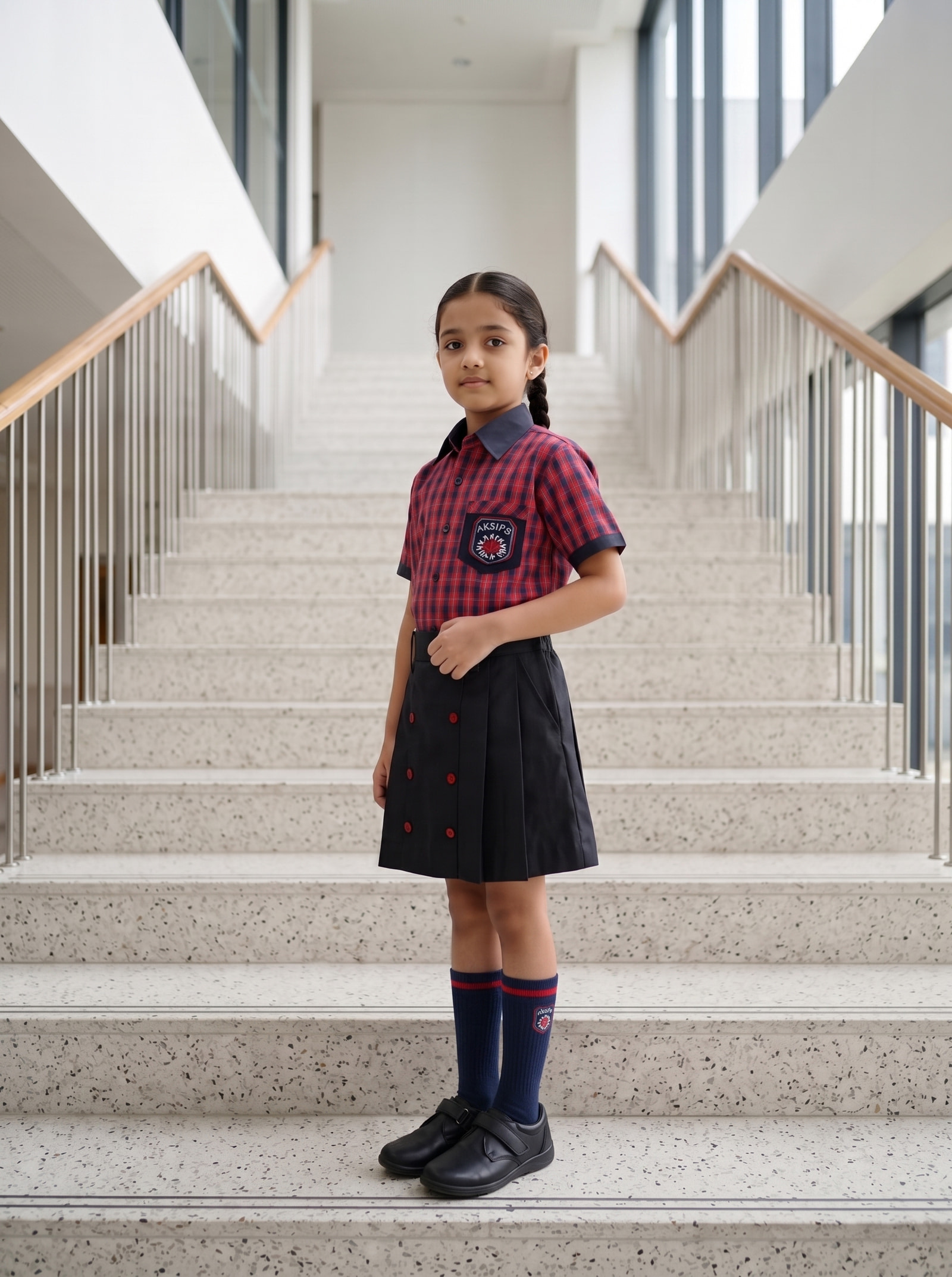 The same check shirting over a navy pleated skirt fastened in two rows of red buttons, left long for a season of growing.