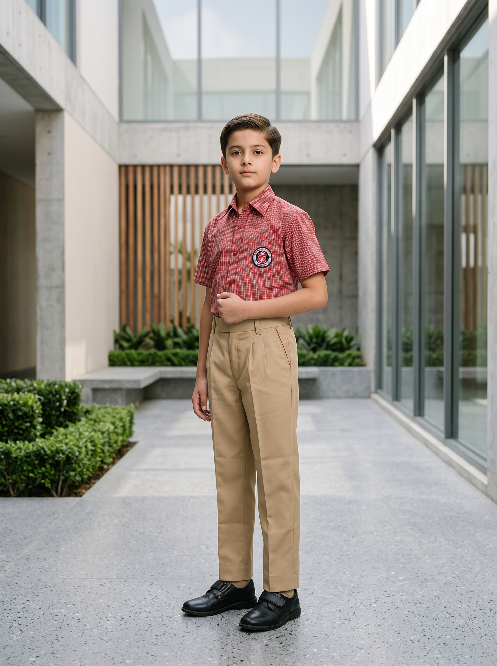 Rose knit polo over khaki cotton-and-polyester cloth. A warm palette chosen against a campus that runs hot from March.