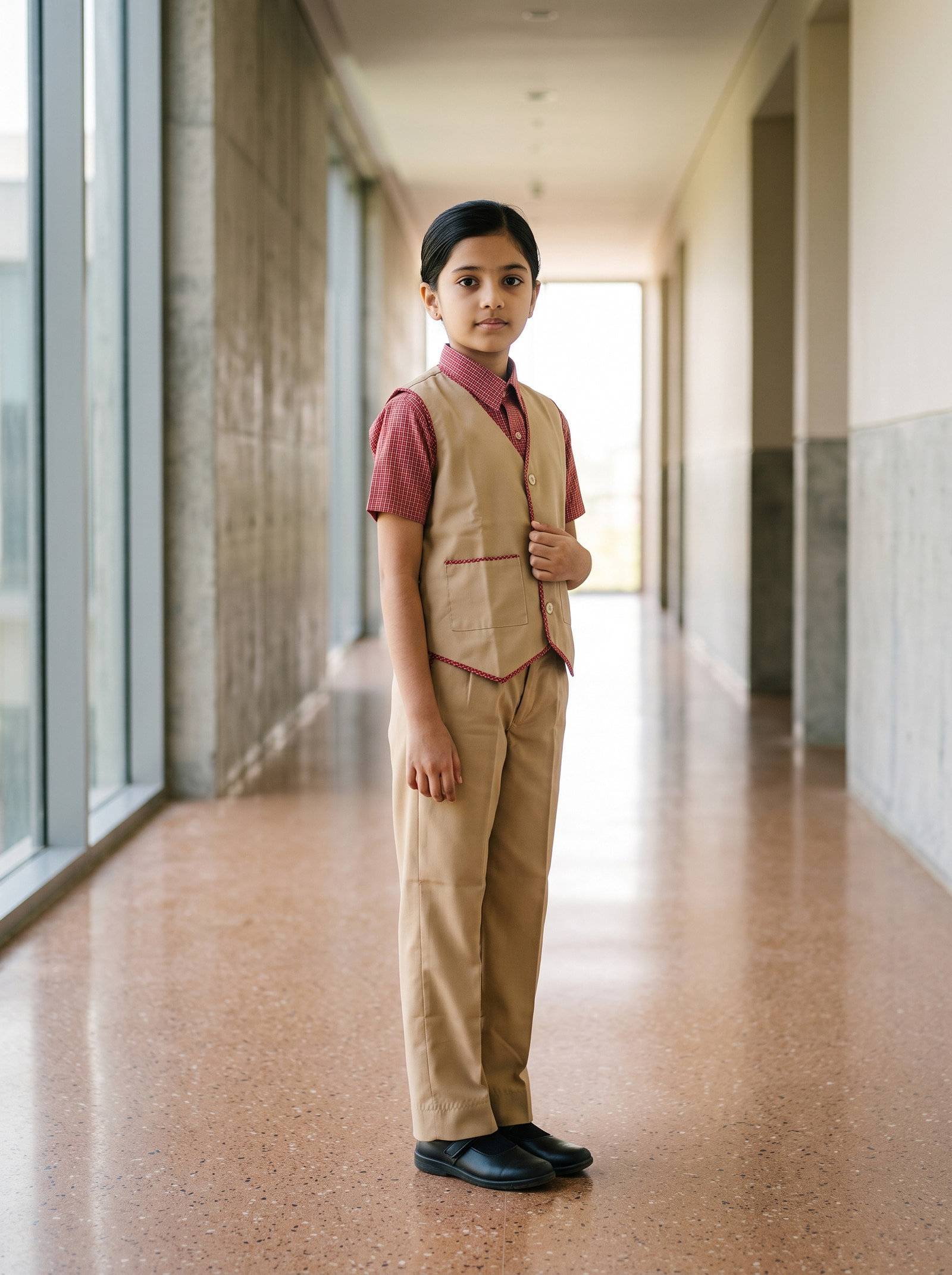 Waistcoat set — Khaki waistcoat over the rose shirt, with matching trousers — the senior girls' set.
