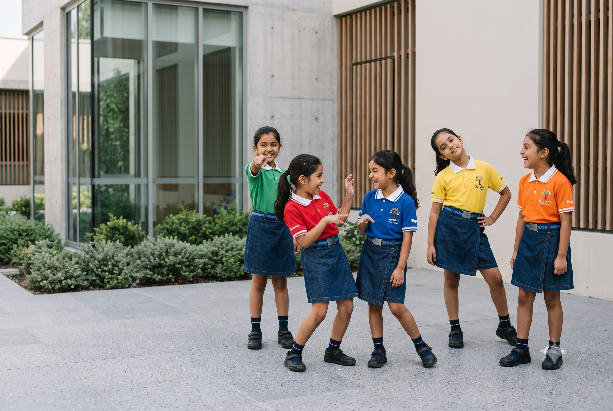 House polo — House polos over the indigo base, worn as the games set across the primary years.