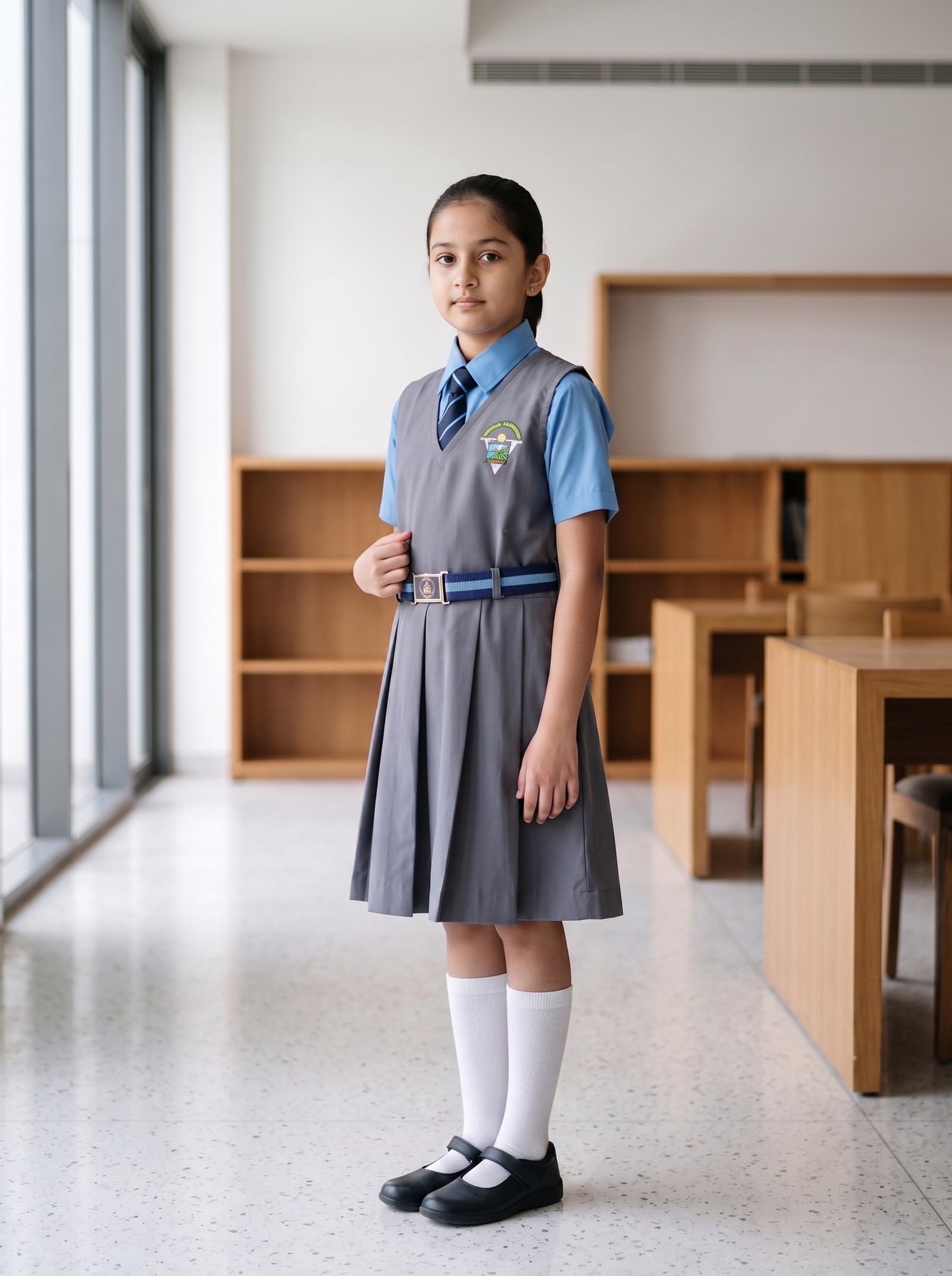 Box-pleat pinafore — Grey box-pleat pinafore over blue shirting. The pleats hold their line through a twice-weekly wash.