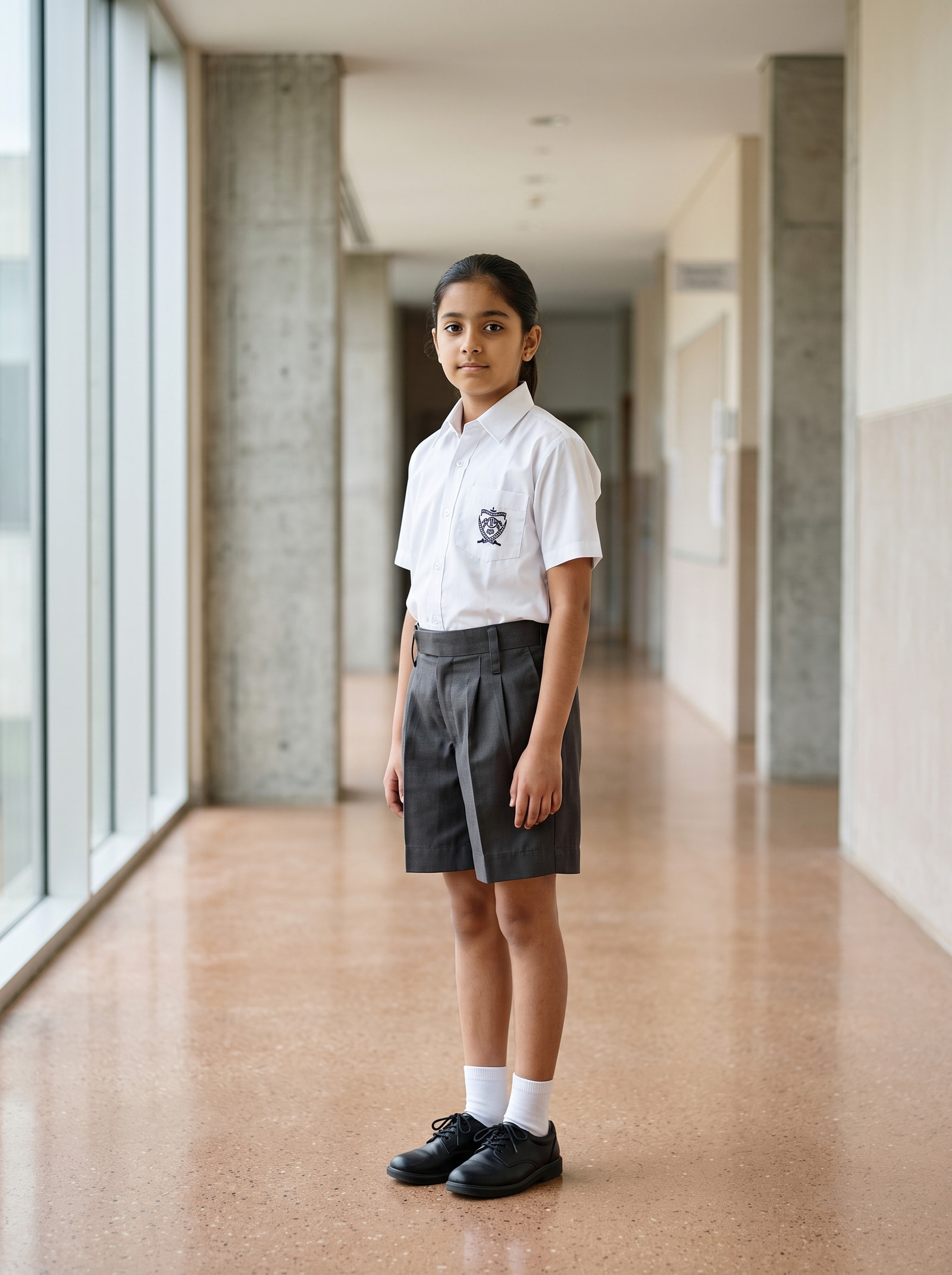 The same white shirting over a grey wrap skirt, photographed in the school corridor.