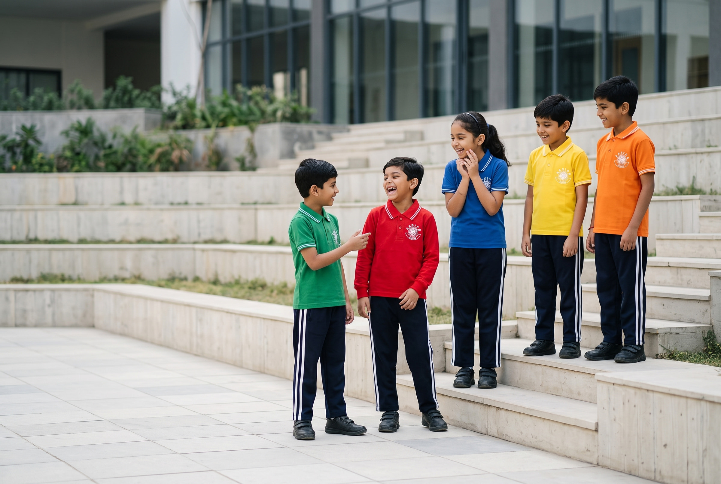 House polos in a cotton-and-polyester knit over navy track bottoms. Each colour dyed to a lab dip, not to a screen.