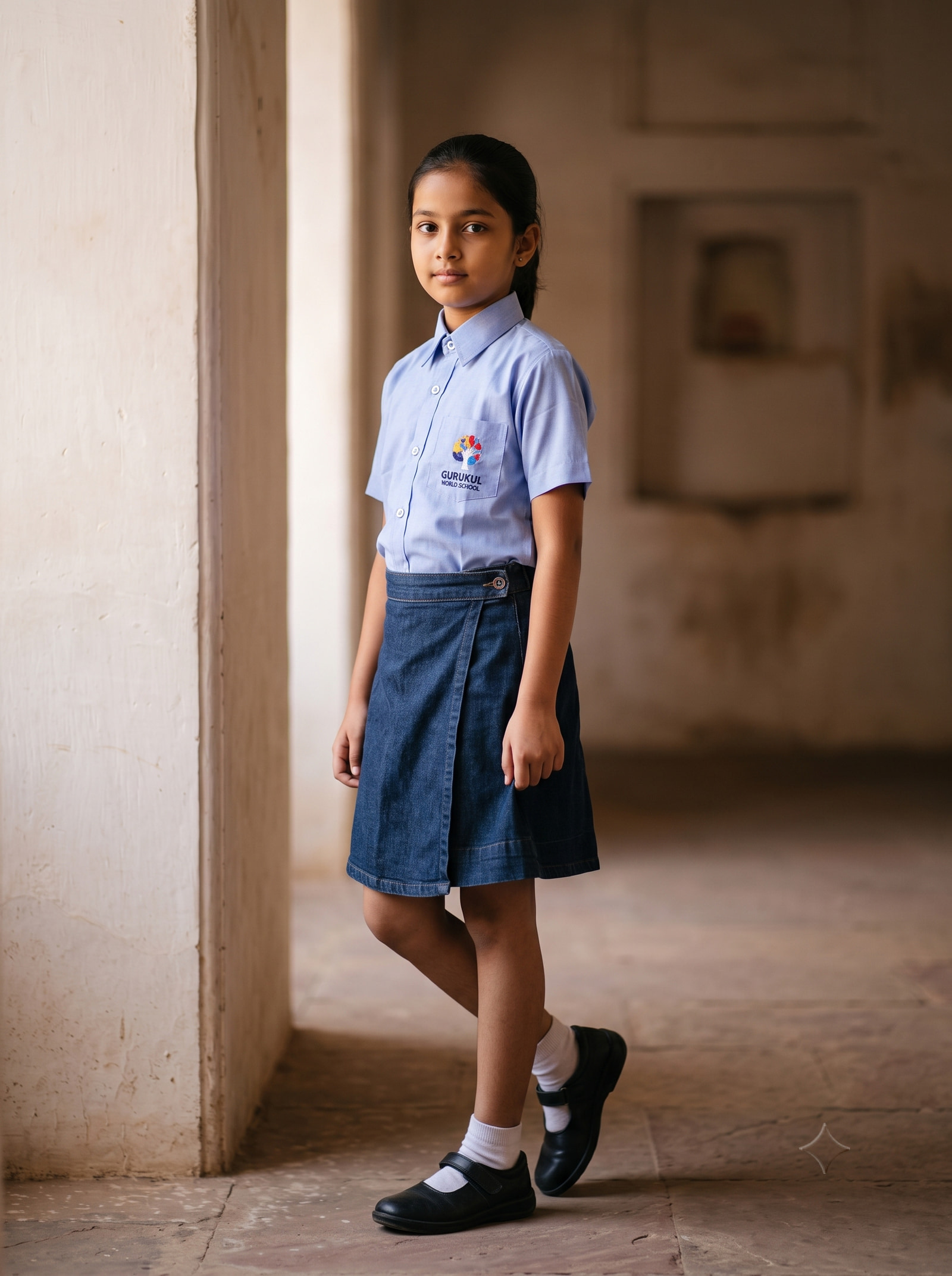 Blue shirt with an indigo wrap skirt, buttoned at the hip. Photographed in the old block.